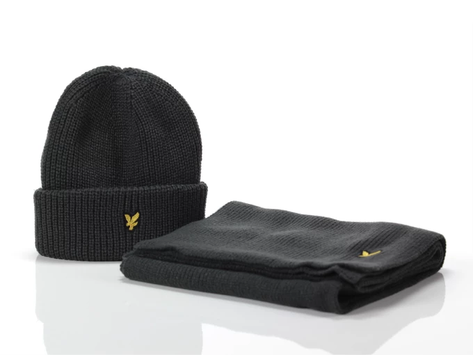 Lyle & Scott Lambswool Ribbed Beanie and Scarf set Mid Grey Marl unisex GF2100A