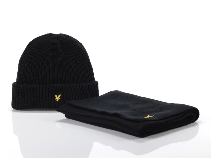 Lyle & Scott Lambswool Ribbed Beanie and Scarf set Jet Black unisex GF2100A Z865