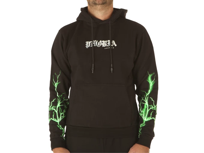 Phobia Archive Black Hoodie With Green Lightning On Sleeves