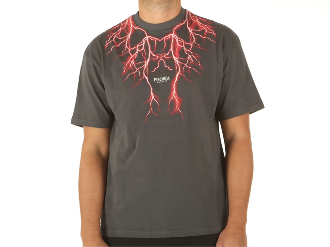 Phobia Archive Grey T-Shirt With Red Lightning On Front uomo 