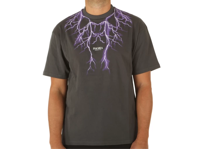 Phobia Archive Grey T-Shirt With Purple Lightning On Front uomo